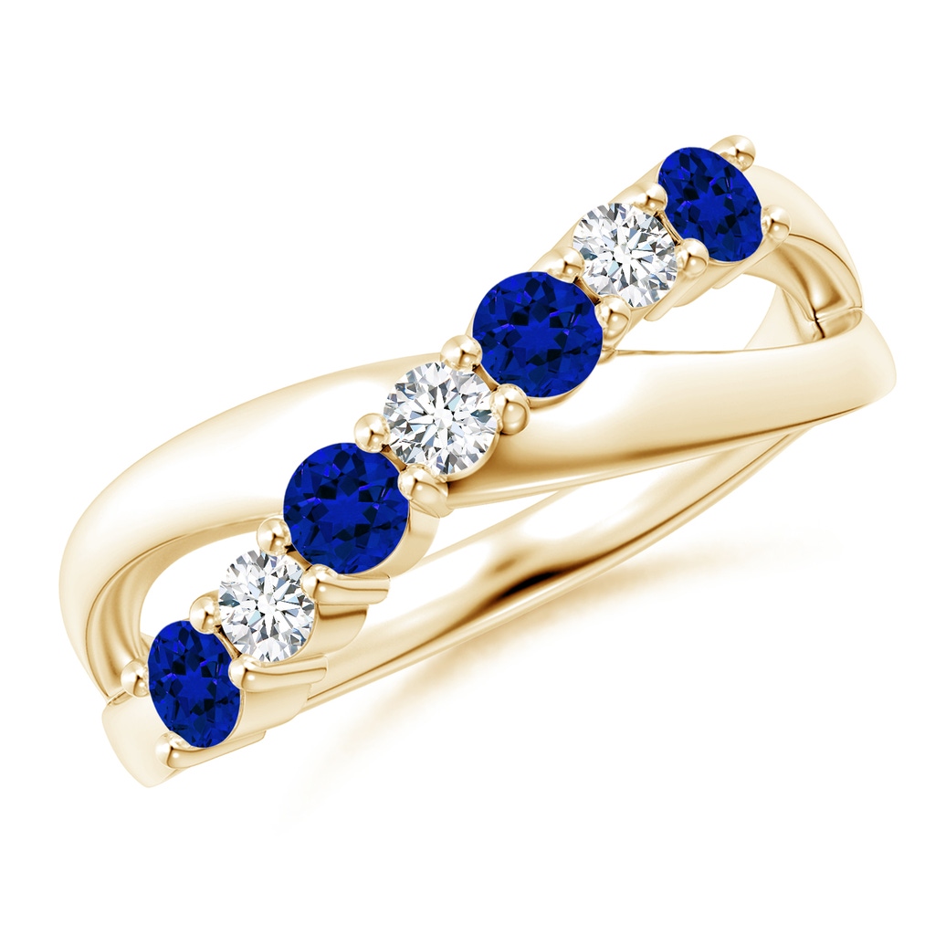 3mm Labgrown Lab-Grown Round Blue Sapphire and Diamond Crossover Ring in Yellow Gold