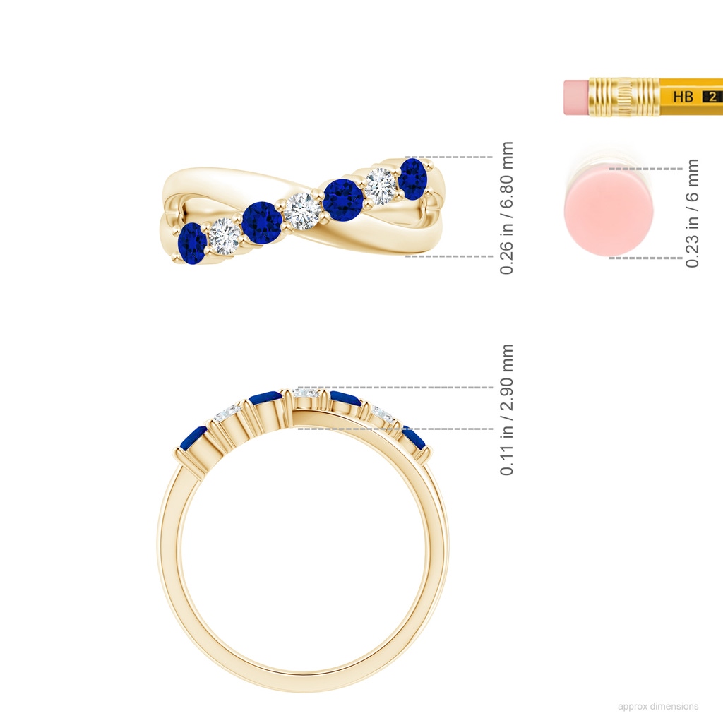 3mm Labgrown Lab-Grown Round Blue Sapphire and Diamond Crossover Ring in Yellow Gold ruler