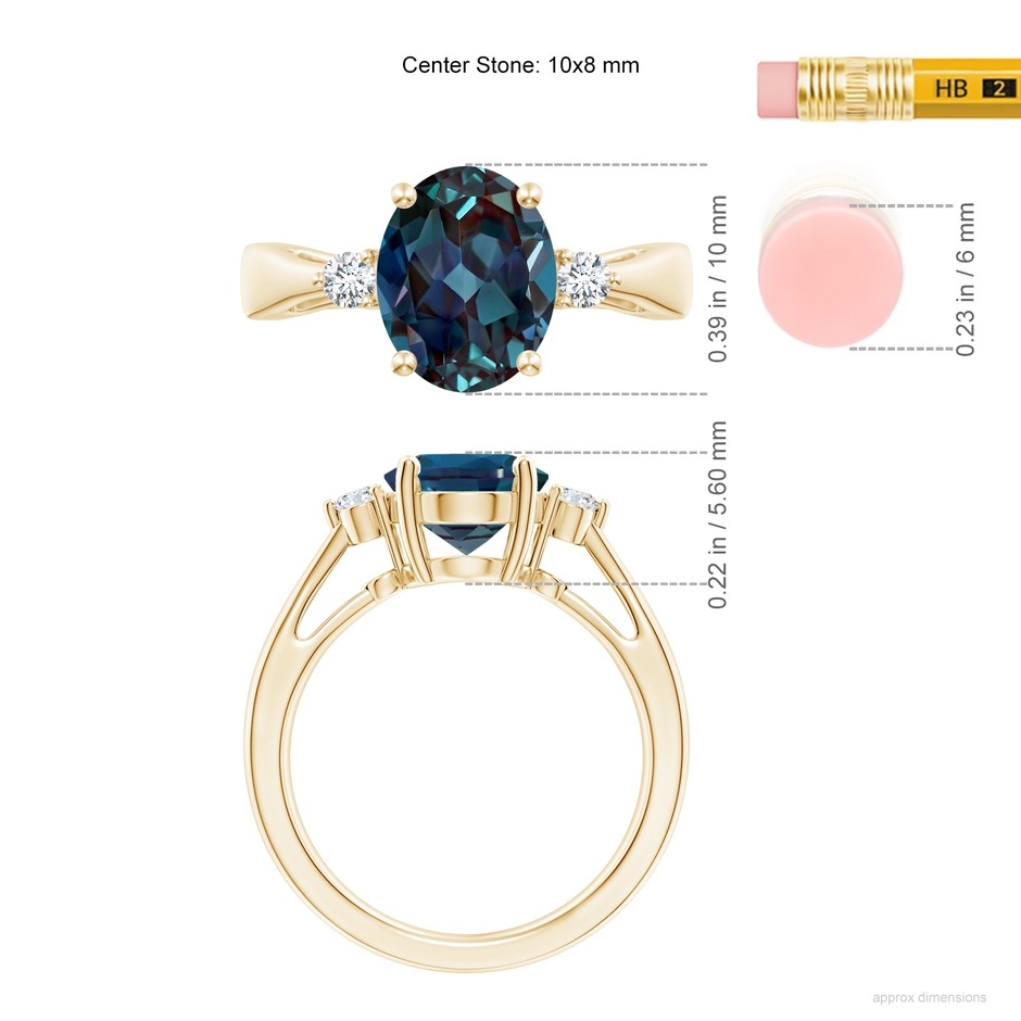 10x8mm Labgrown Tapered Shank Lab-Grown Alexandrite Solitaire Ring with Diamond Accents in Yellow Gold ruler
