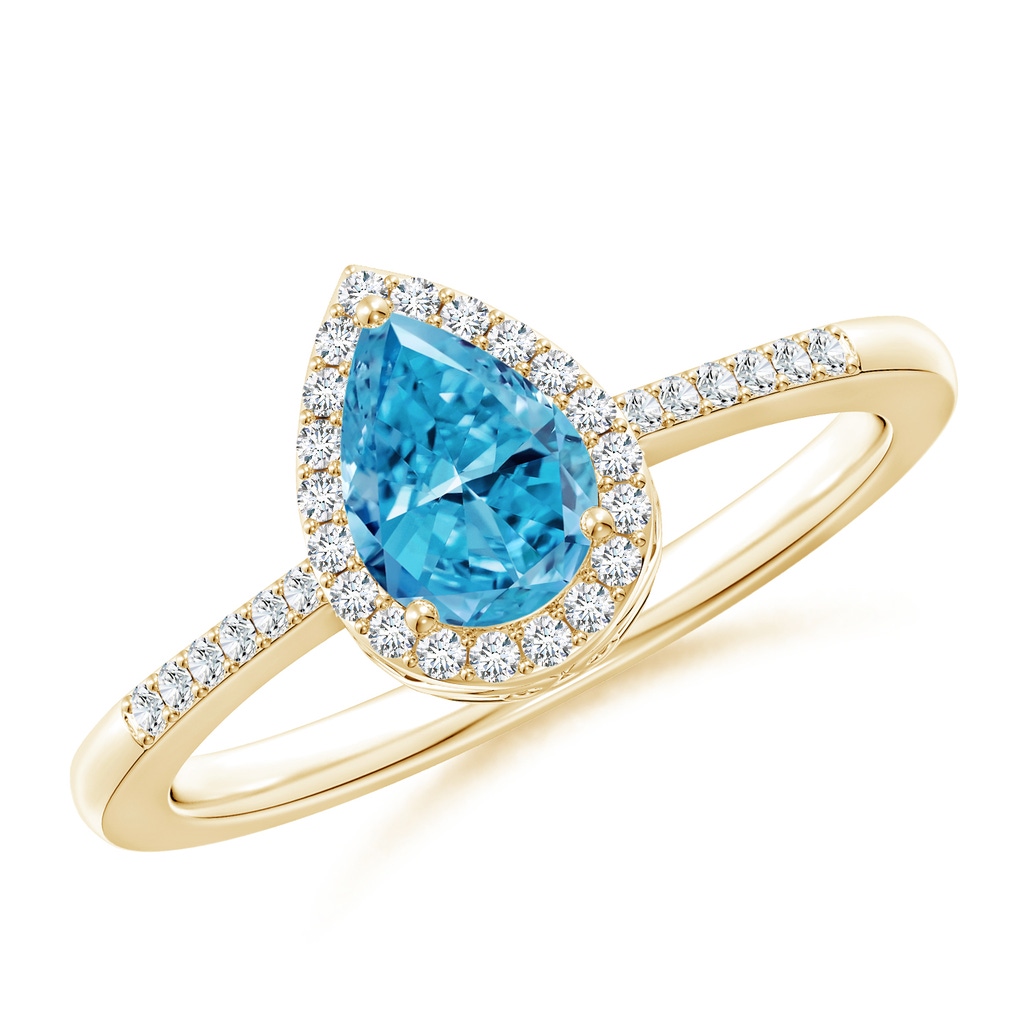 7x5mm Labgrown Pear Lab-Grown Fancy Intense Blue Diamond Ring with Halo in Yellow Gold