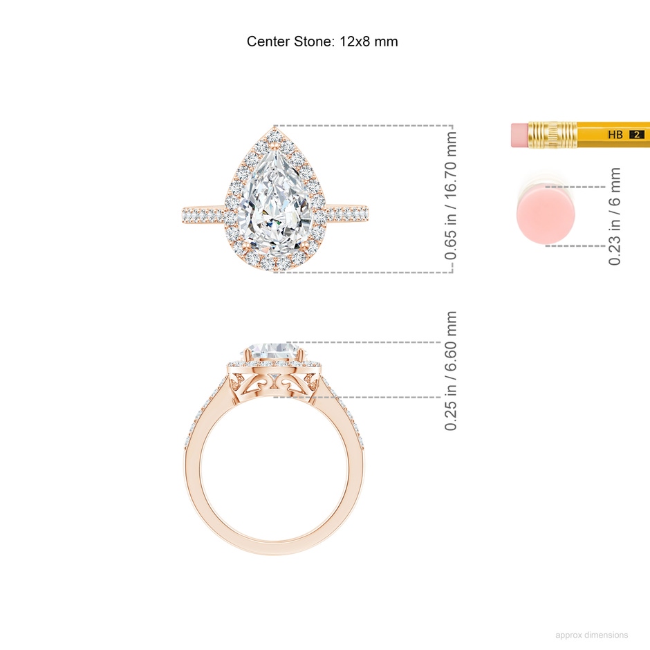 12x8mm FGVS Lab-Grown Pear Diamond Ring with Halo in Rose Gold ruler