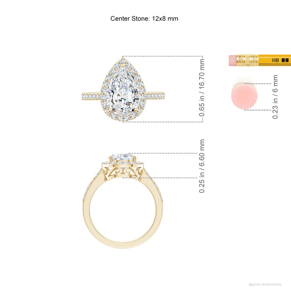12x8mm FGVS Lab-Grown Pear Diamond Ring with Halo in Yellow Gold ruler
