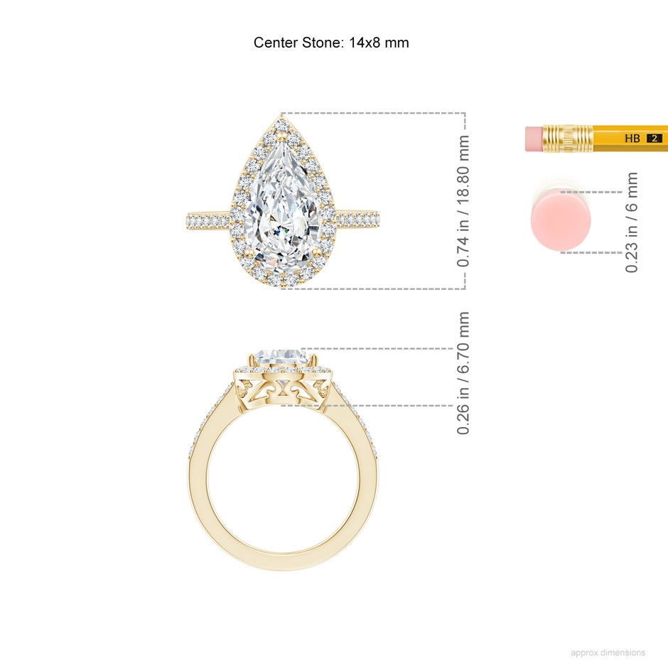 14x8mm FGVS Lab-Grown Pear Diamond Ring with Halo in Yellow Gold ruler