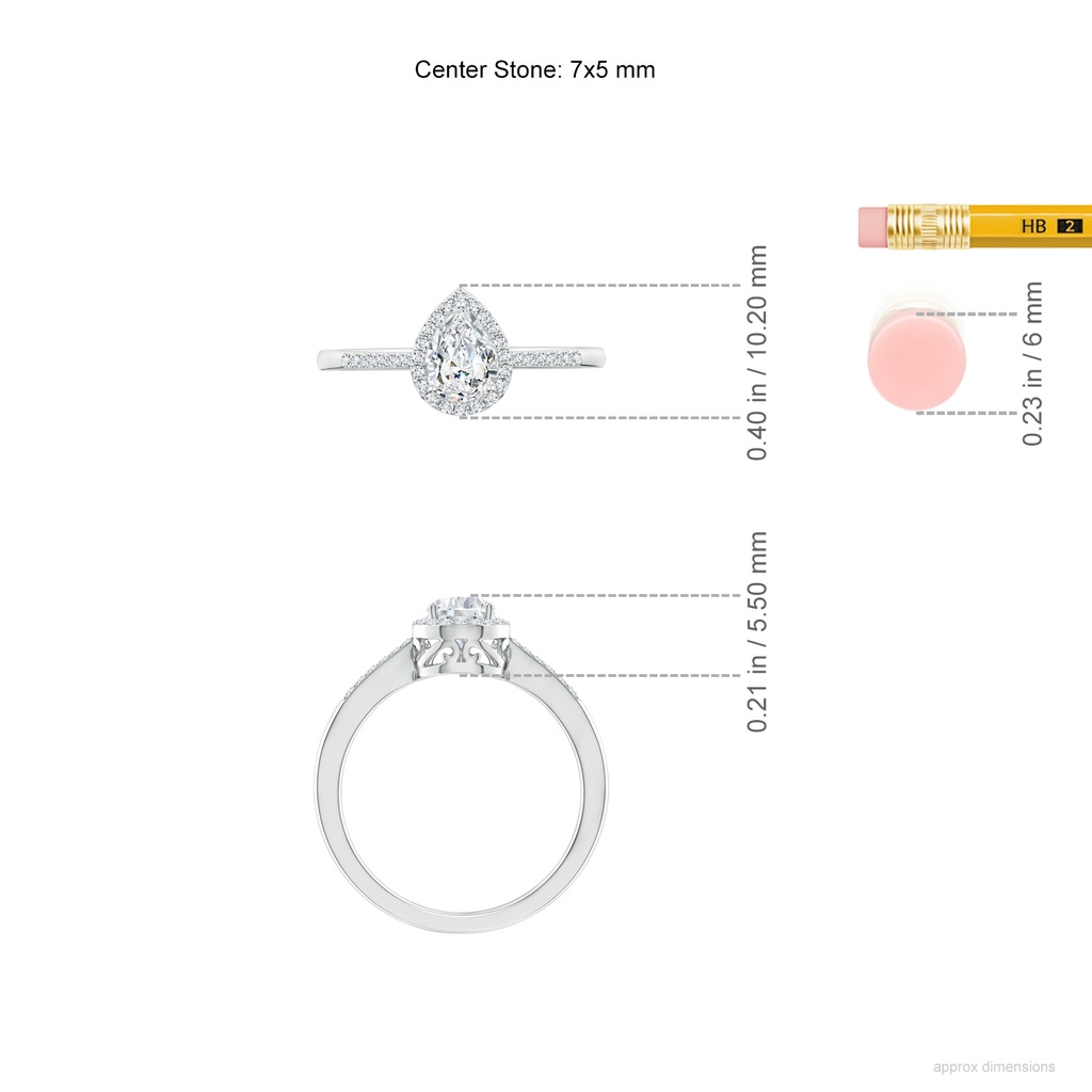7x5mm FGVS Lab-Grown Pear Diamond Ring with Halo in White Gold ruler