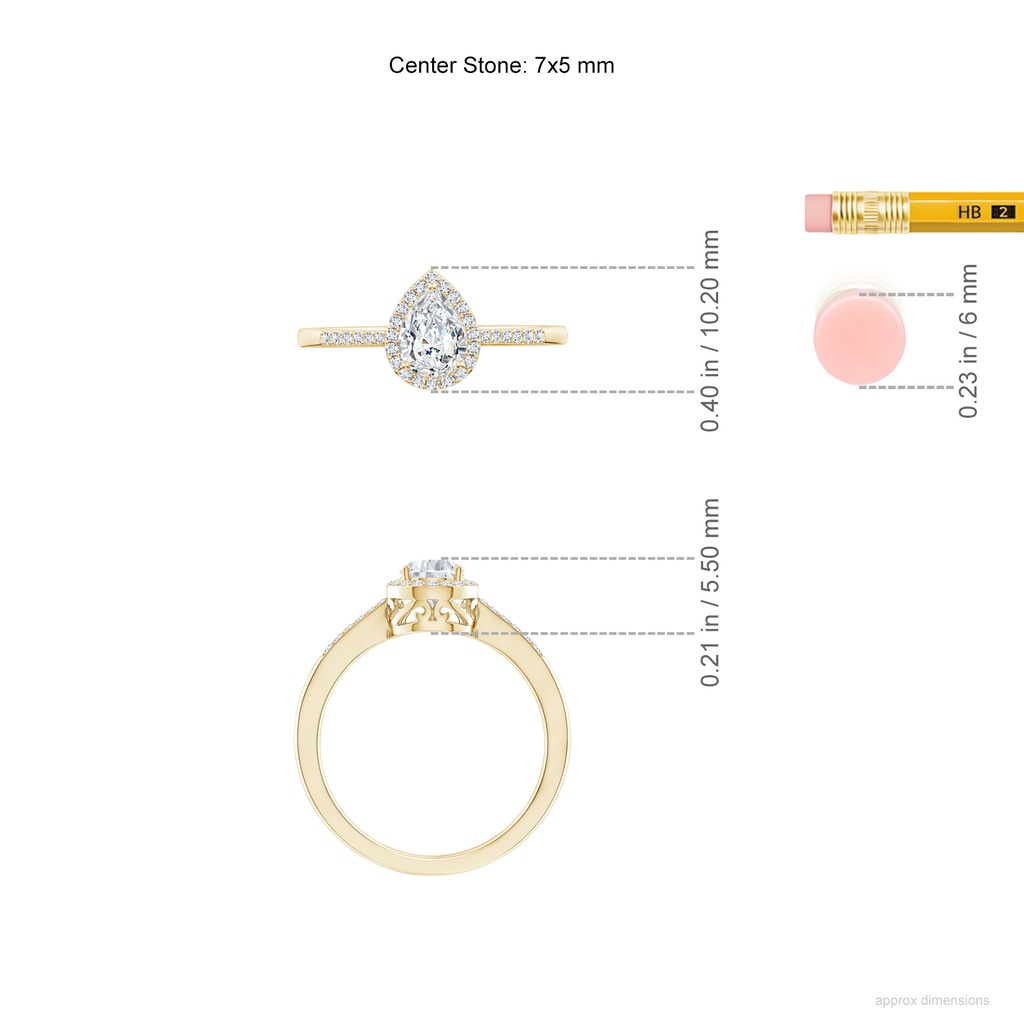 7x5mm FGVS Lab-Grown Pear Diamond Ring with Halo in Yellow Gold ruler
