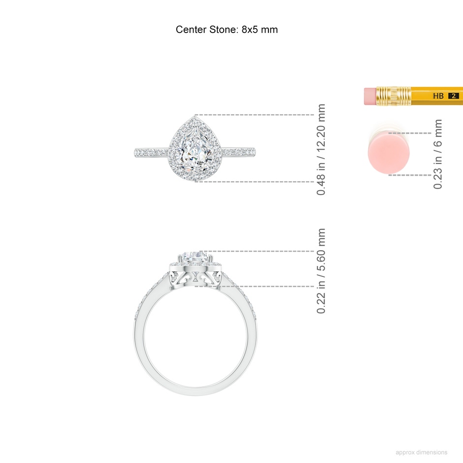 8x5mm FGVS Lab-Grown Pear Diamond Ring with Halo in 10K White Gold ruler