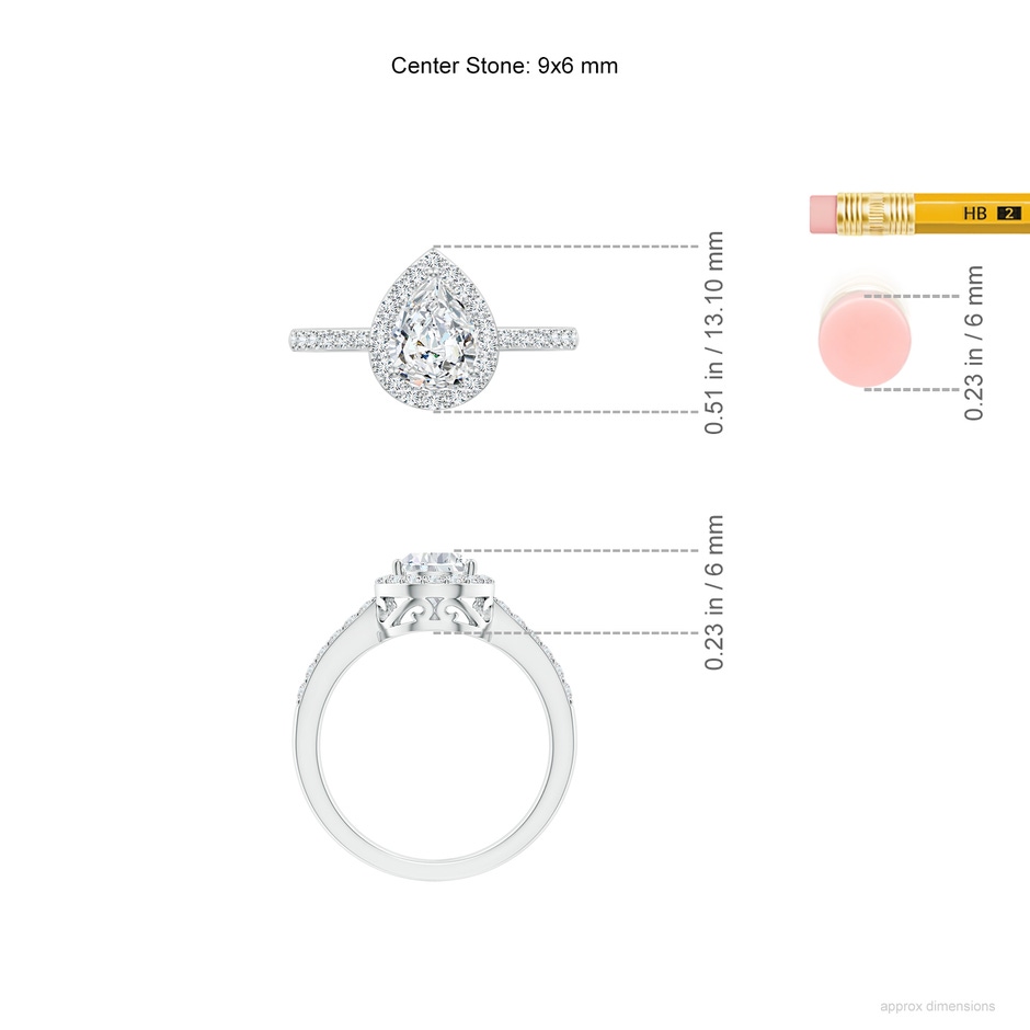 9x6mm FGVS Lab-Grown Pear Diamond Ring with Halo in 10K White Gold ruler
