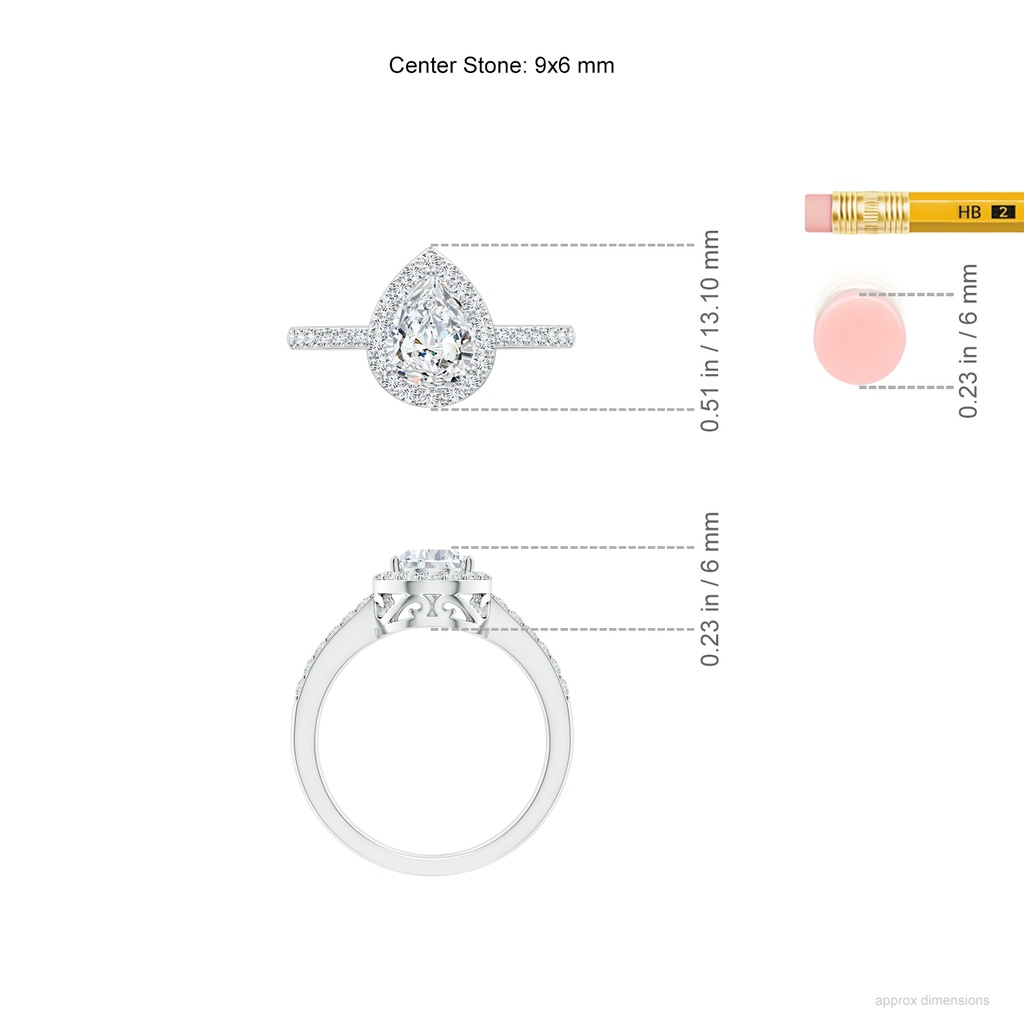 9x6mm FGVS Lab-Grown Pear Diamond Ring with Halo in P950 Platinum ruler