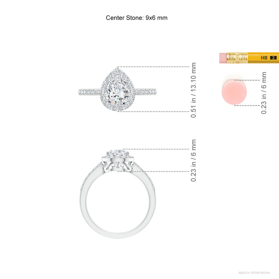 9x6mm FGVS Lab-Grown Pear Diamond Ring with Halo in White Gold ruler