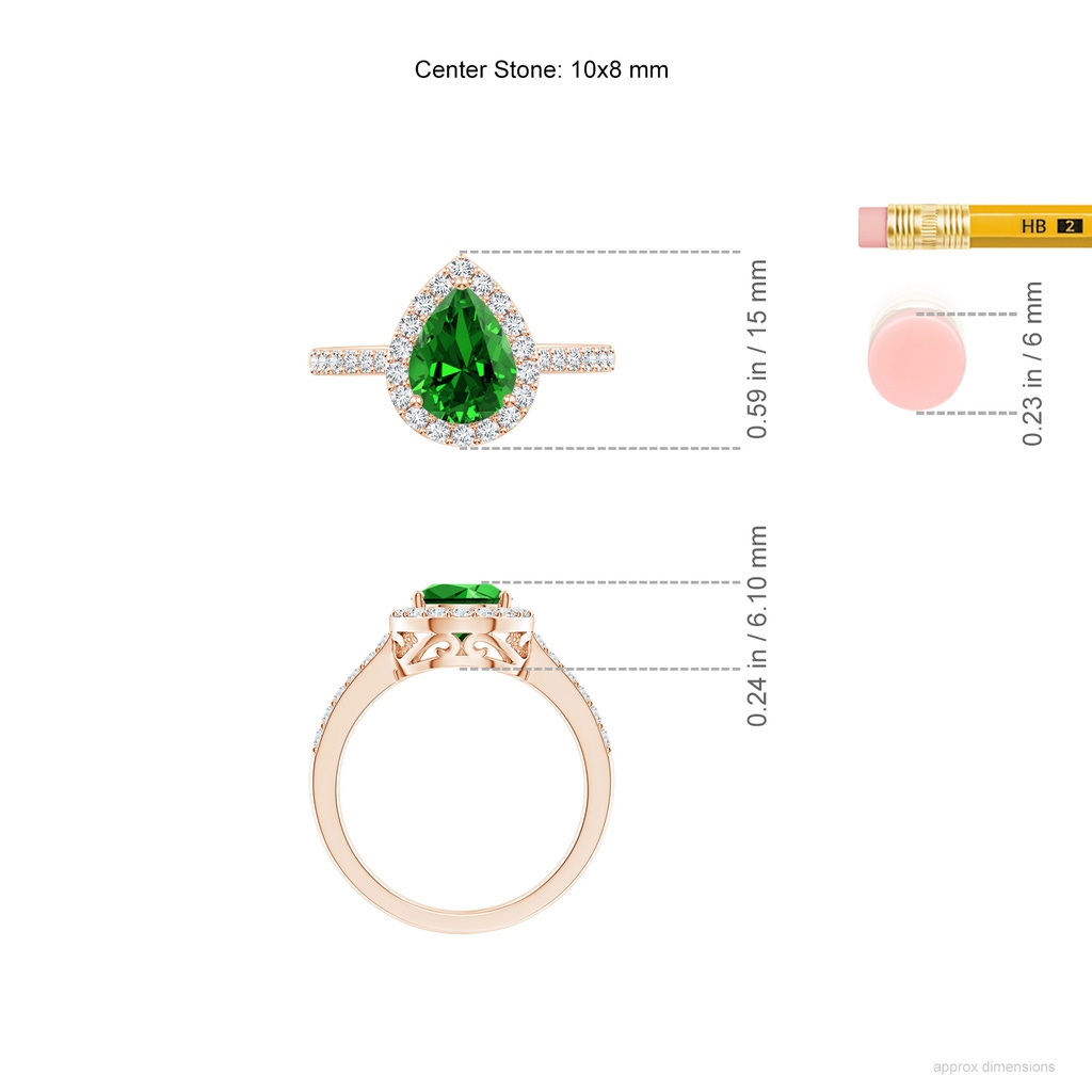 10x8mm Labgrown Lab-Grown Pear Emerald Ring with Diamond Halo in 9K Rose Gold ruler