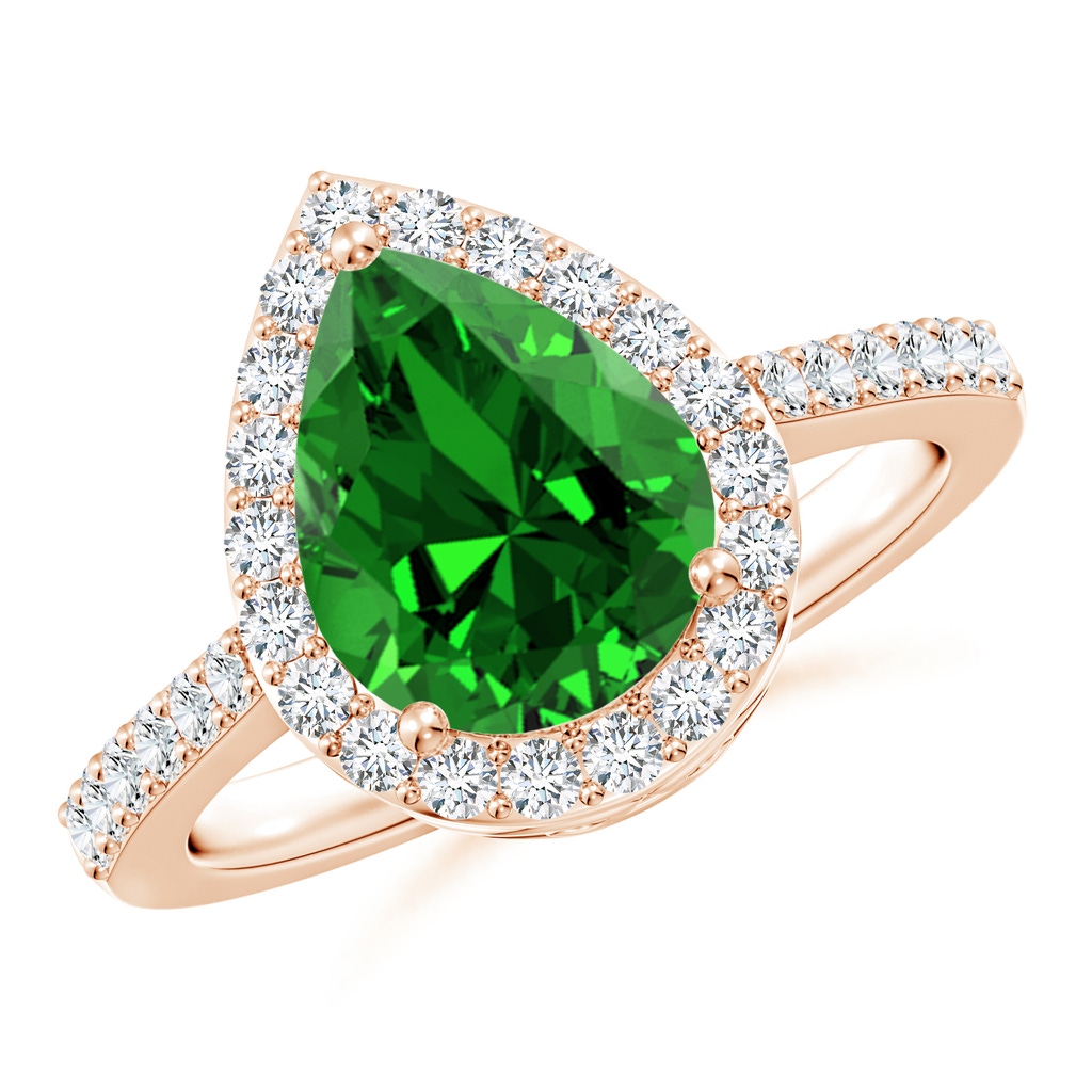 10x8mm Labgrown Lab-Grown Pear Emerald Ring with Diamond Halo in Rose Gold