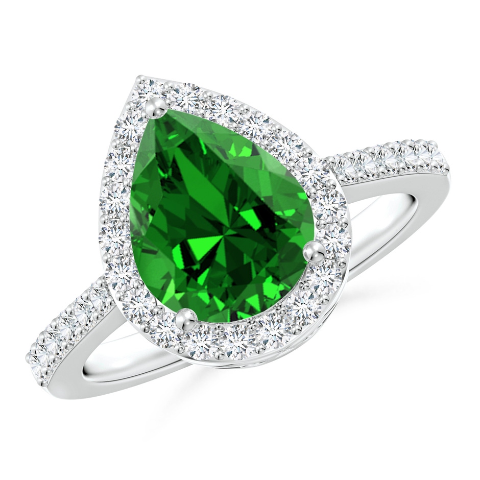 10x8mm Labgrown Lab-Grown Pear Emerald Ring with Diamond Halo in White Gold 