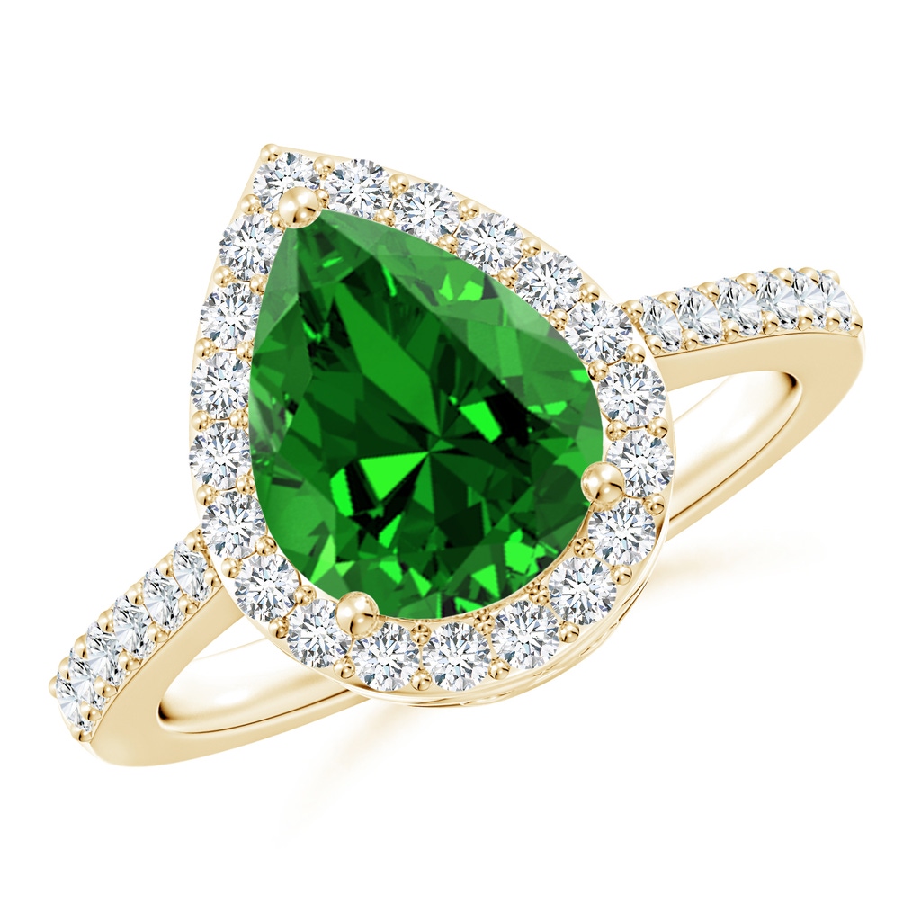 10x8mm Labgrown Lab-Grown Pear Emerald Ring with Diamond Halo in Yellow Gold