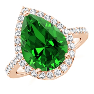 14x10mm Labgrown Lab-Grown Pear Emerald Ring with Diamond Halo in Rose Gold