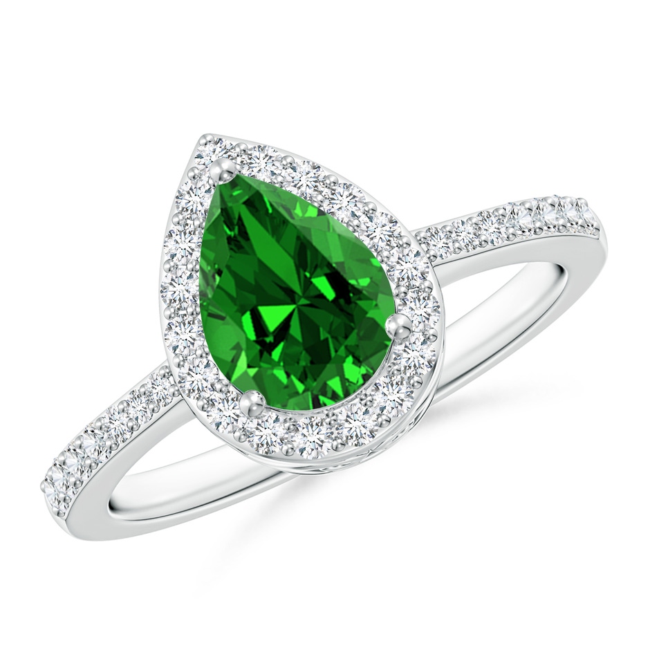 8x6mm Labgrown Lab-Grown Pear Emerald Ring with Diamond Halo in 9K White Gold 