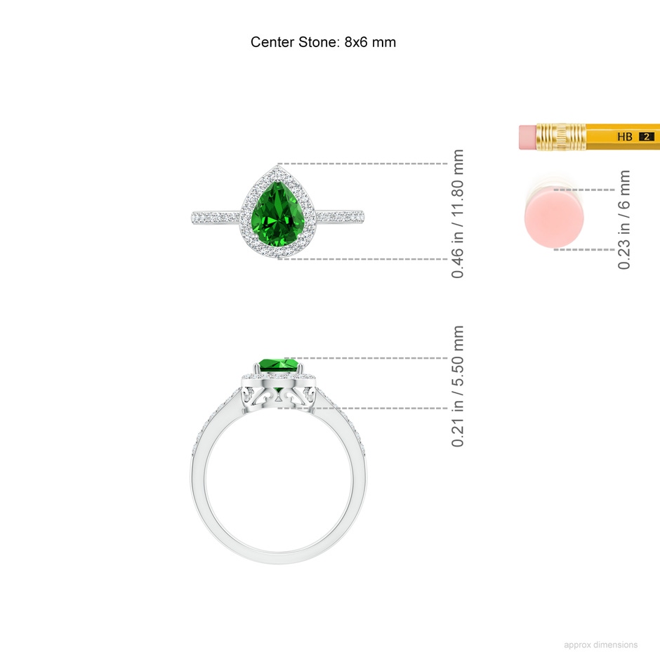 8x6mm Labgrown Lab-Grown Pear Emerald Ring with Diamond Halo in 9K White Gold ruler