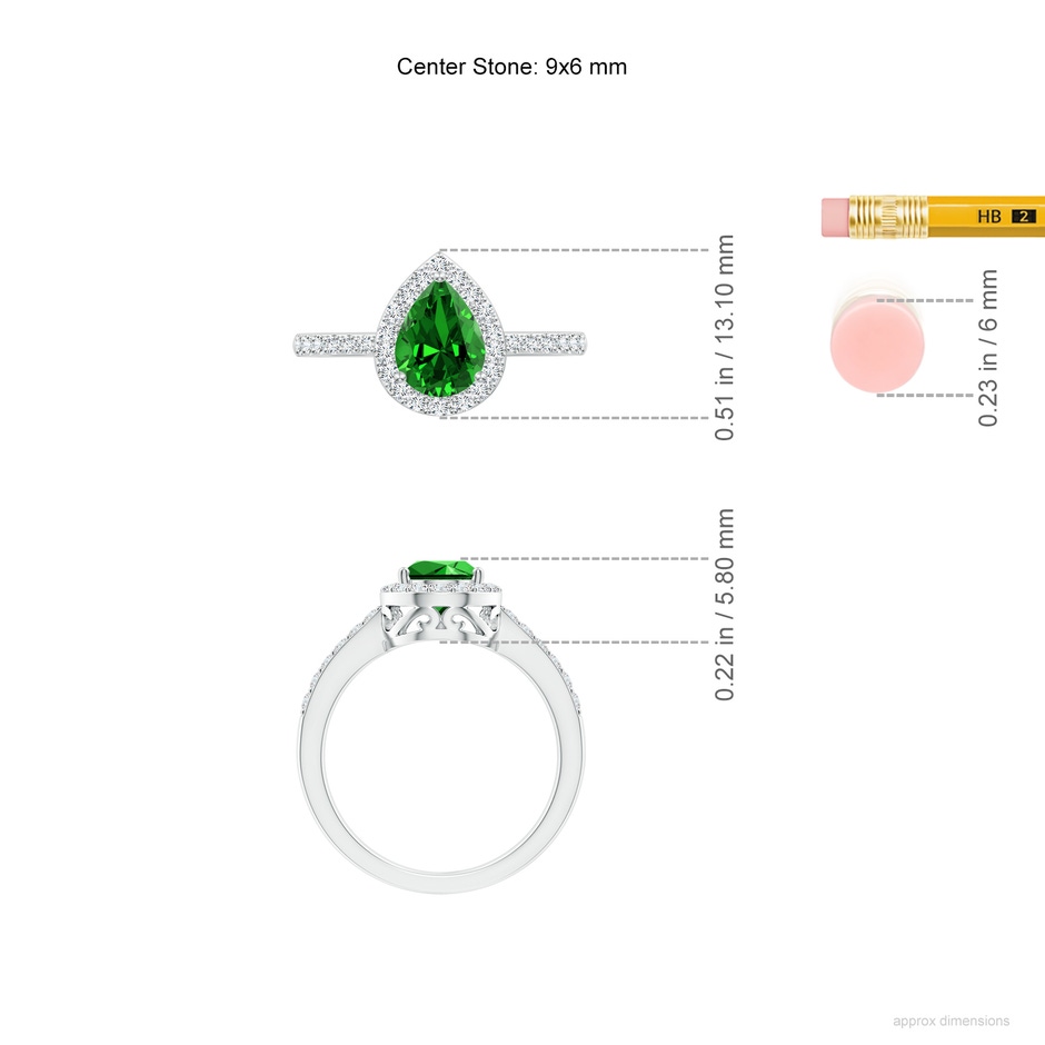 9x6mm Labgrown Lab-Grown Pear Emerald Ring with Diamond Halo in 9K White Gold ruler