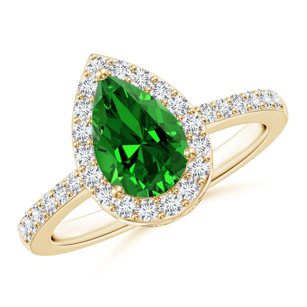 9x6mm Labgrown Lab-Grown Pear Emerald Ring with Diamond Halo in Yellow Gold