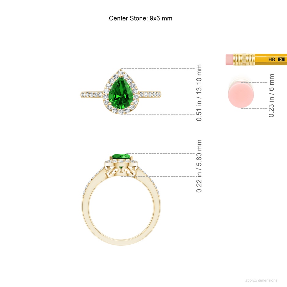 9x6mm Labgrown Lab-Grown Pear Emerald Ring with Diamond Halo in Yellow Gold ruler