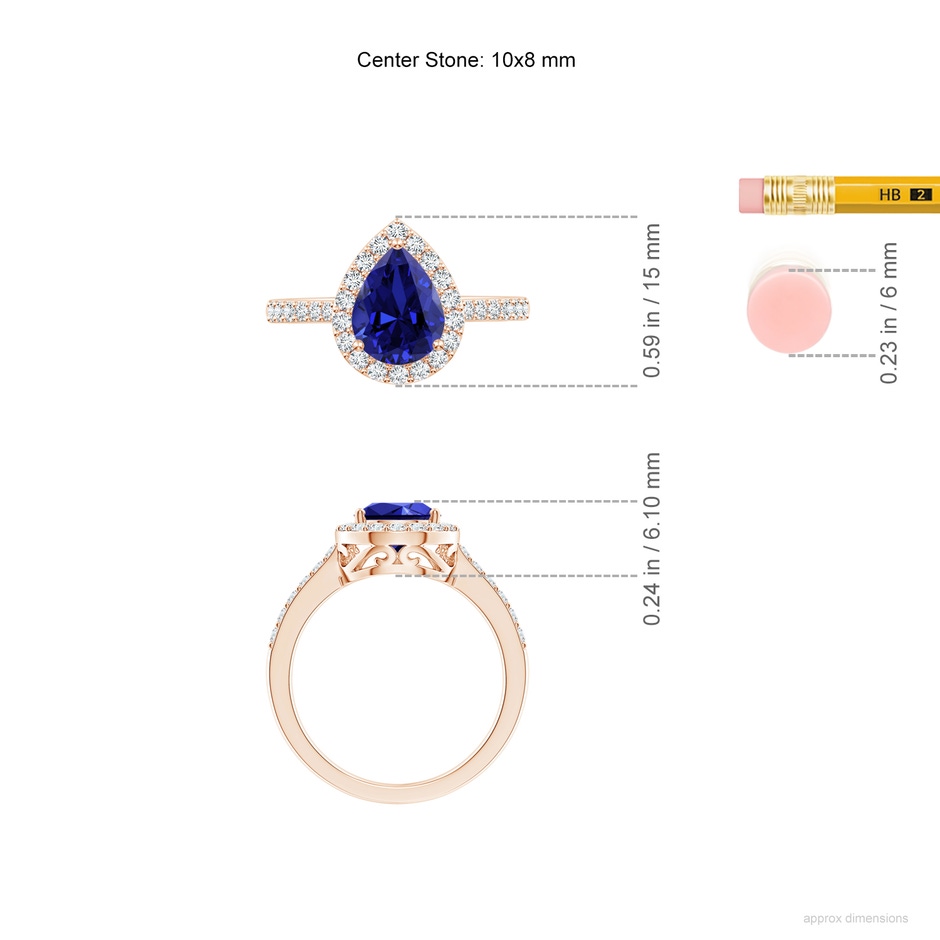 10x8mm Labgrown Lab-Grown Pear Sapphire Ring with Diamond Halo in Rose Gold ruler