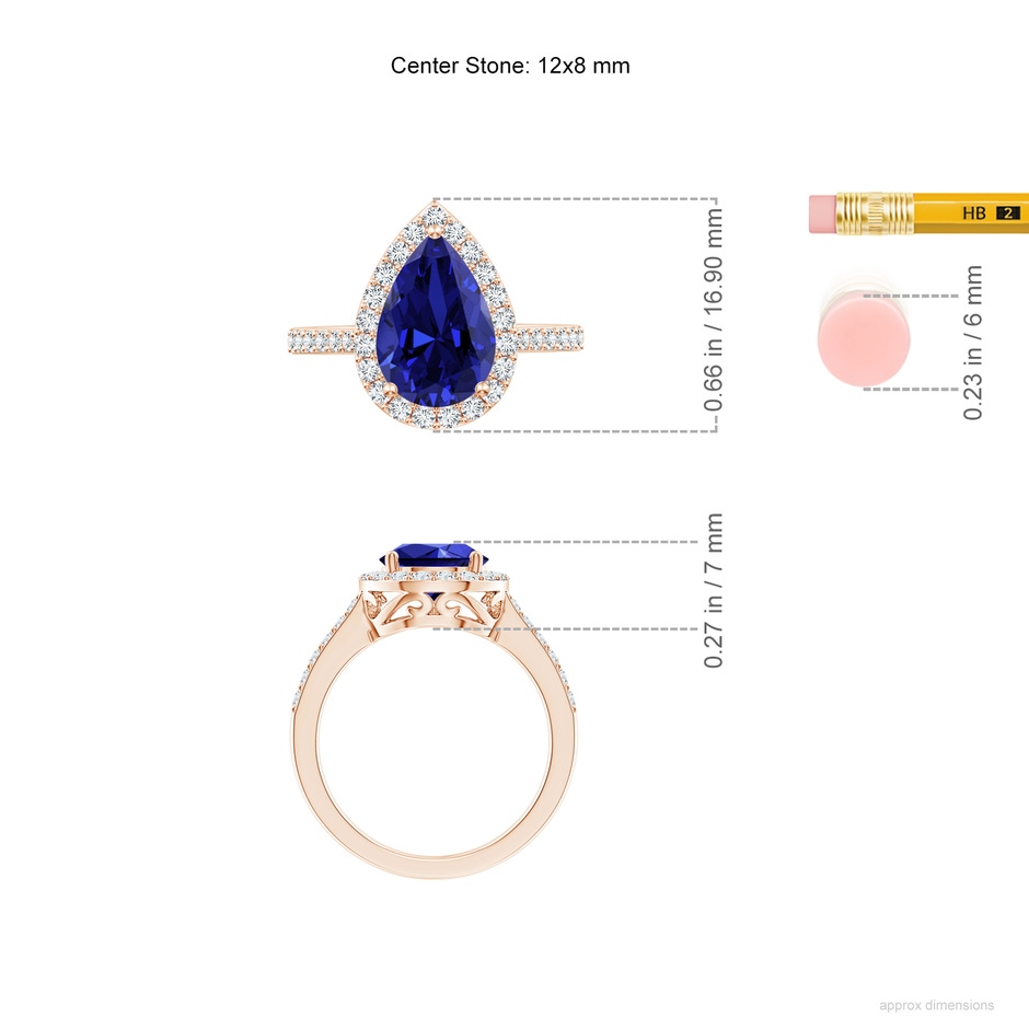 12x10mm Labgrown Lab-Grown Pear Sapphire Ring with Diamond Halo in Rose Gold ruler