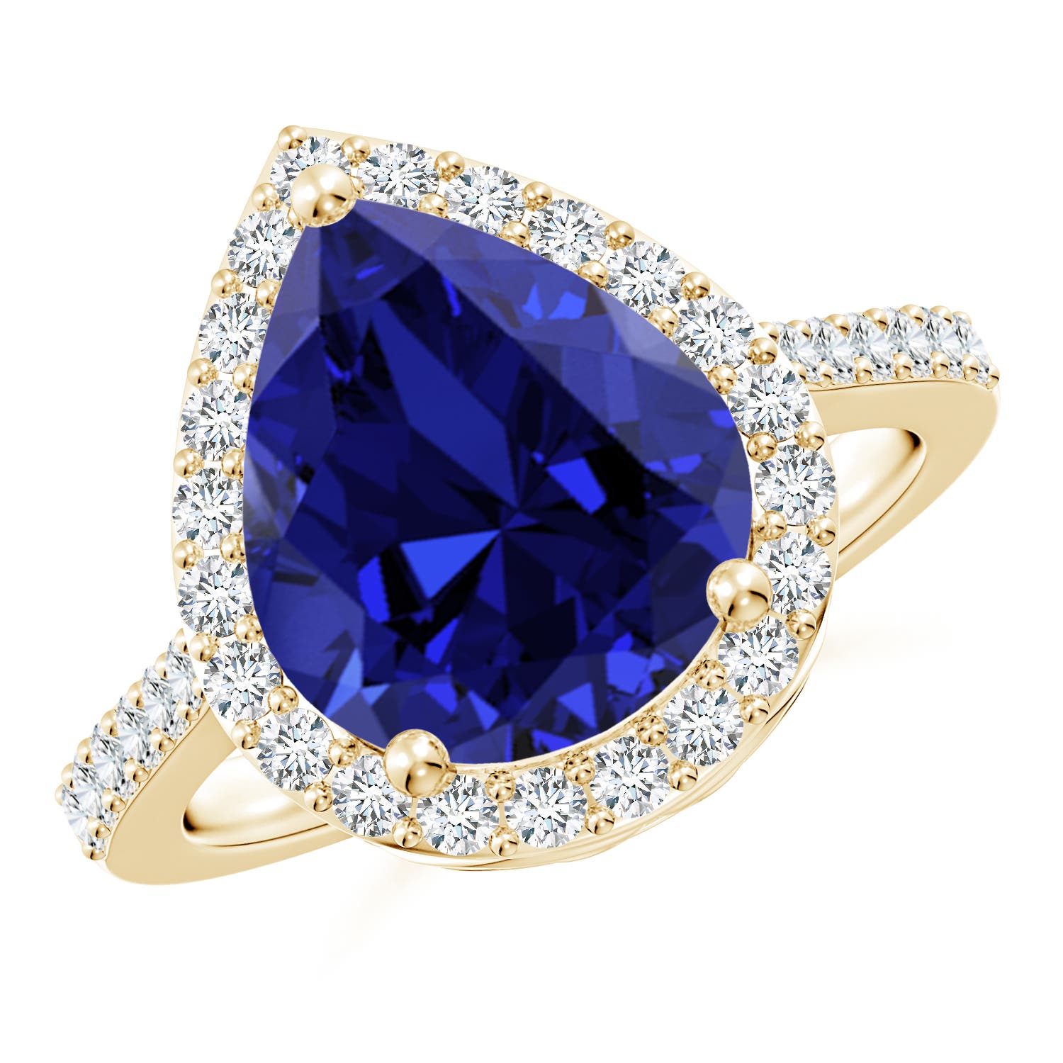 12x10mm Labgrown Lab-Grown Pear Sapphire Ring with Diamond Halo in Yellow Gold
