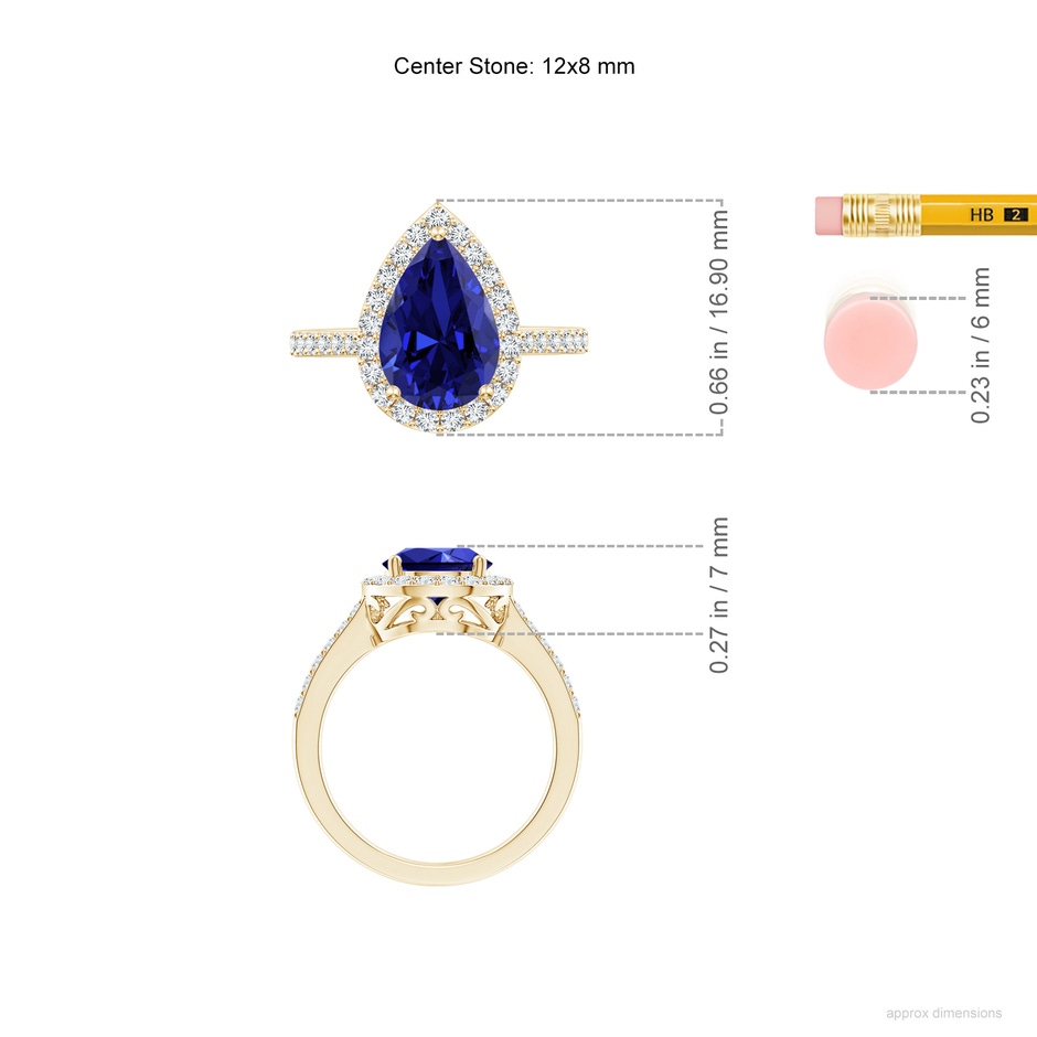 12x10mm Labgrown Lab-Grown Pear Sapphire Ring with Diamond Halo in Yellow Gold ruler