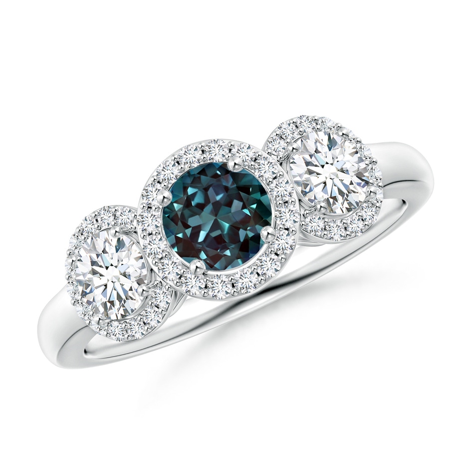 5mm Labgrown Round Lab-Grown Alexandrite Three Stone Halo Ring with Diamonds in P950 Platinum 