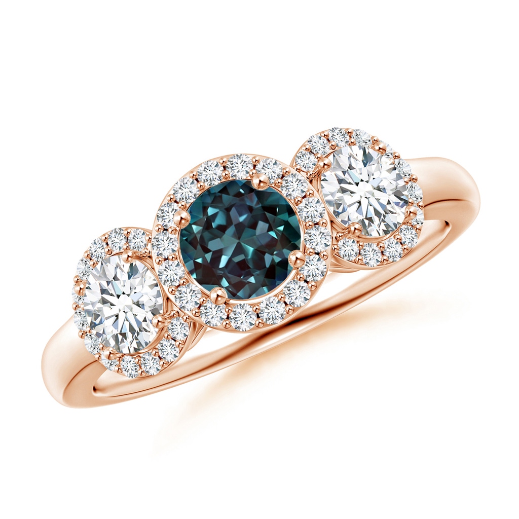 5mm Labgrown Round Lab-Grown Alexandrite Three Stone Halo Ring with Diamonds in Rose Gold