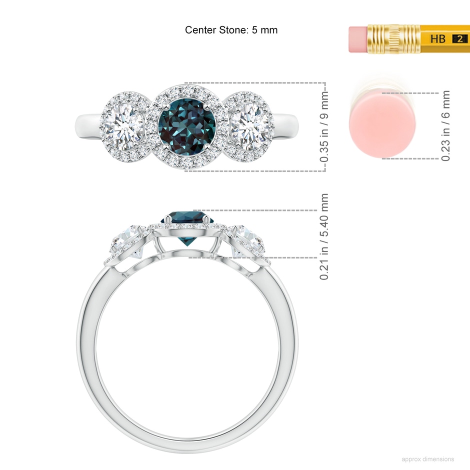 5mm Labgrown Round Lab-Grown Alexandrite Three Stone Halo Ring with Diamonds in White Gold ruler