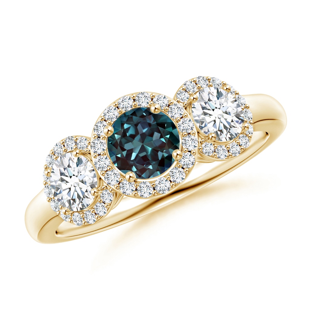 5mm Labgrown Round Lab-Grown Alexandrite Three Stone Halo Ring with Diamonds in Yellow Gold