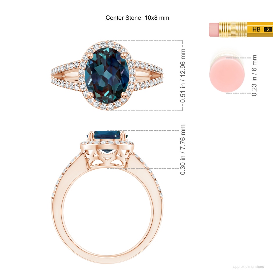 10x8mm Labgrown Oval Lab-Grown Alexandrite Split Shank Halo Ring in 18K Rose Gold ruler