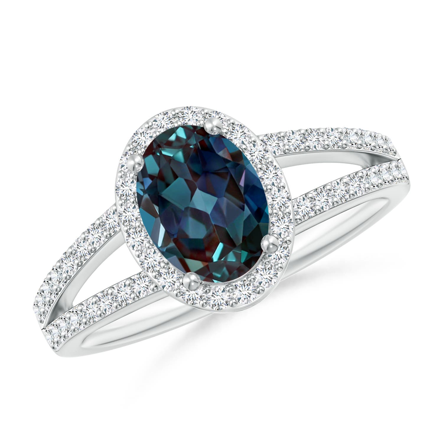 8x6mm Labgrown Oval Lab-Grown Alexandrite Split Shank Halo Ring in 18K White Gold