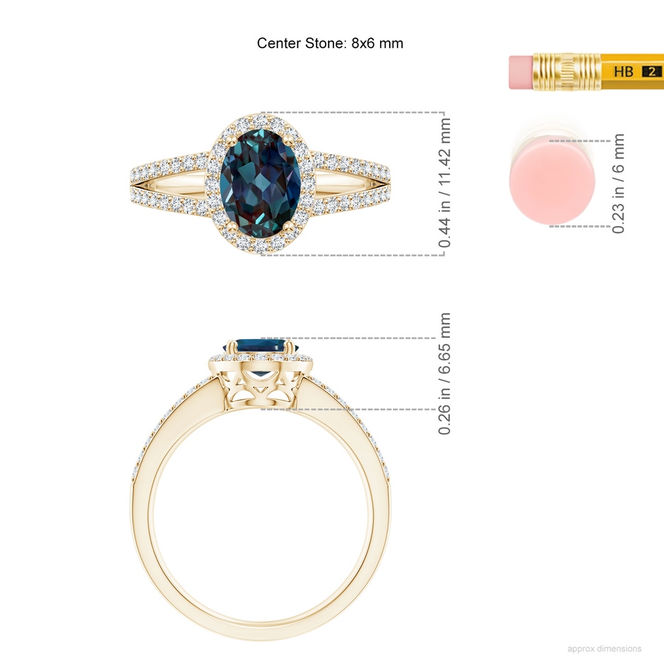 8x6mm Labgrown Oval Lab-Grown Alexandrite Split Shank Halo Ring in Yellow Gold ruler
