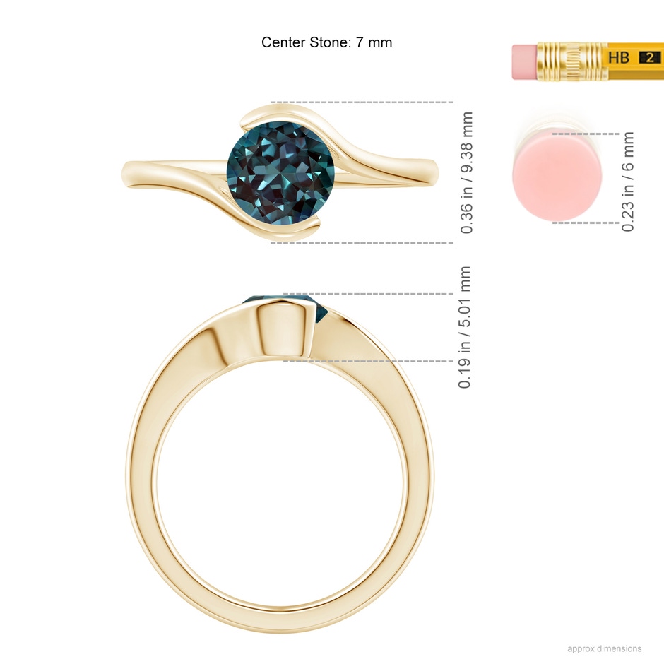 7mm Labgrown Semi Bezel-Set Solitaire Round Lab-Grown Alexandrite Bypass Ring in Yellow Gold ruler
