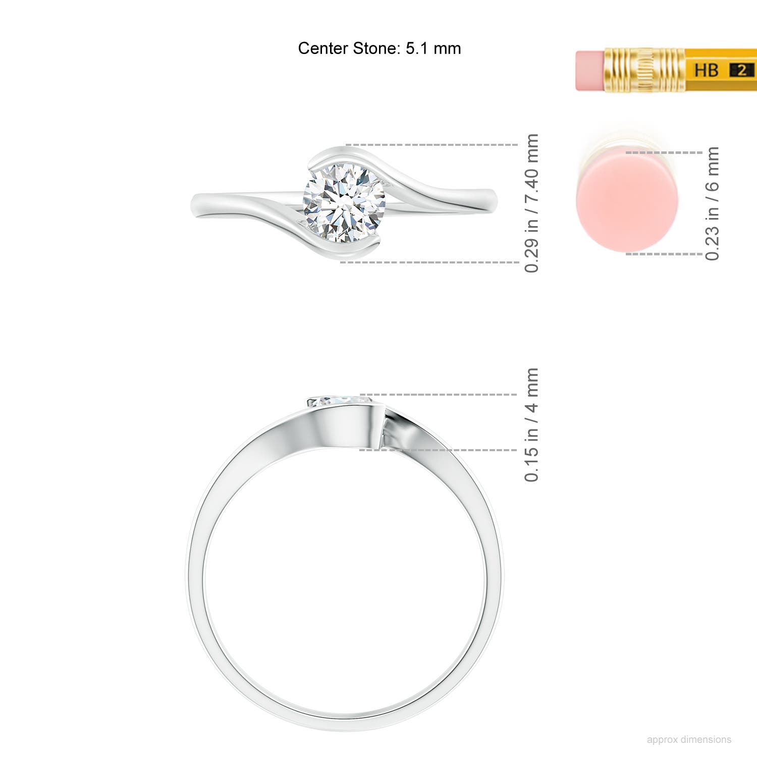 5.1mm FGVS Lab-Grown Semi Bezel-Set Solitaire Round Diamond Bypass Ring in White Gold - ruler