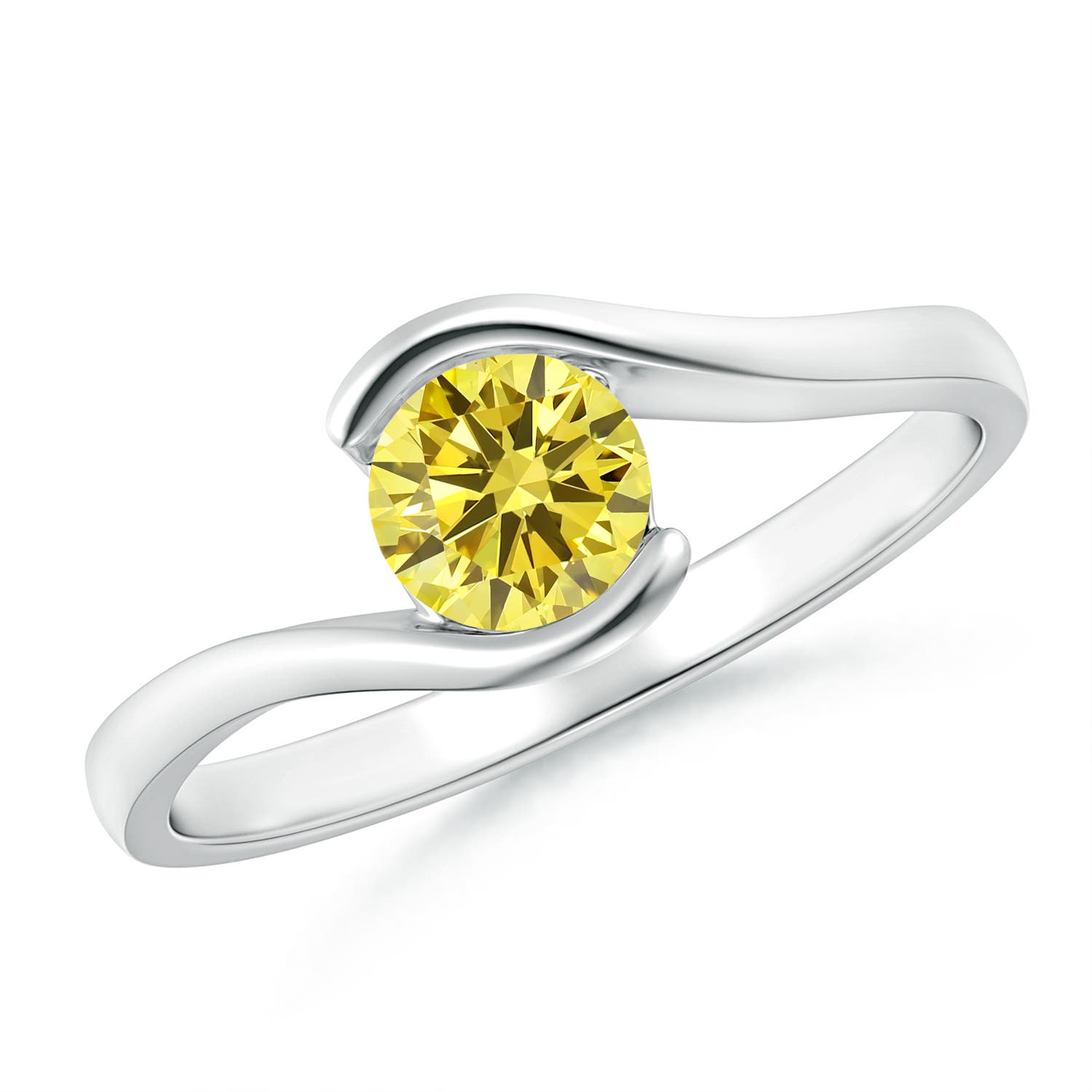 5.1mm Labgrown Semi Bezel-Set Solitaire Round Lab-Grown Fancy Intense Yellow Diamond Bypass Ring in 18K White Gold