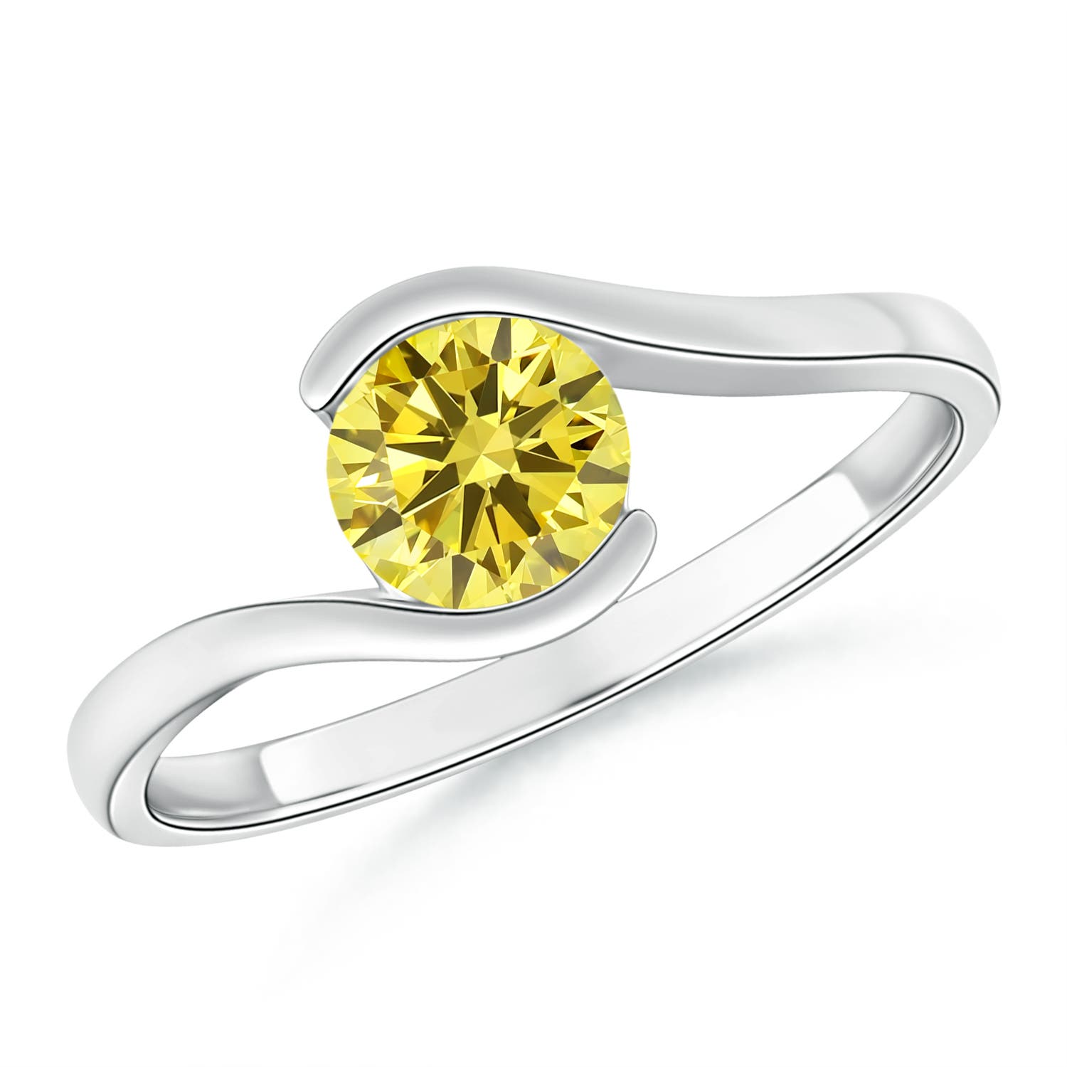 6.4mm Labgrown Semi Bezel-Set Solitaire Round Lab-Grown Fancy Intense Yellow Diamond Bypass Ring in P950 Platinum