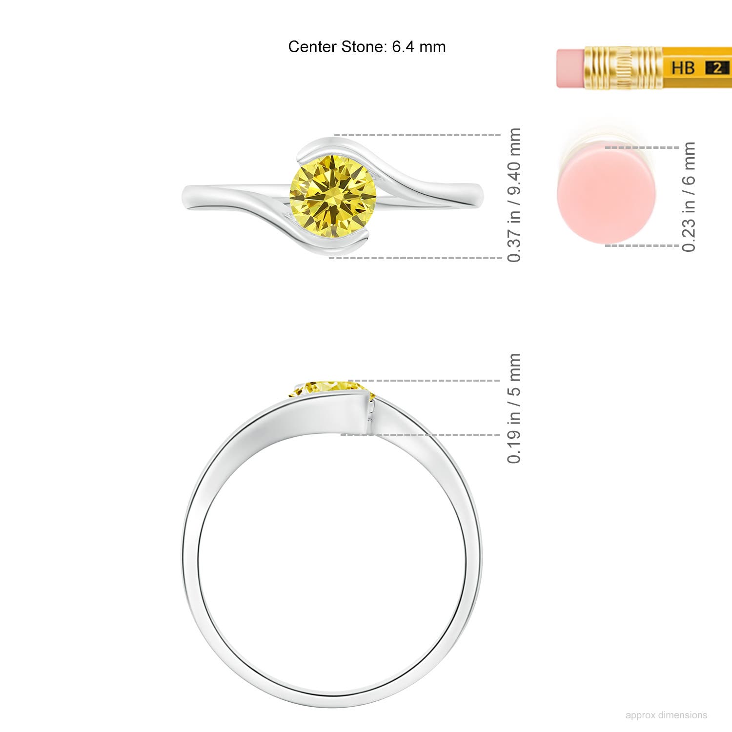 6.4mm Labgrown Semi Bezel-Set Solitaire Round Lab-Grown Fancy Intense Yellow Diamond Bypass Ring in White Gold - ruler