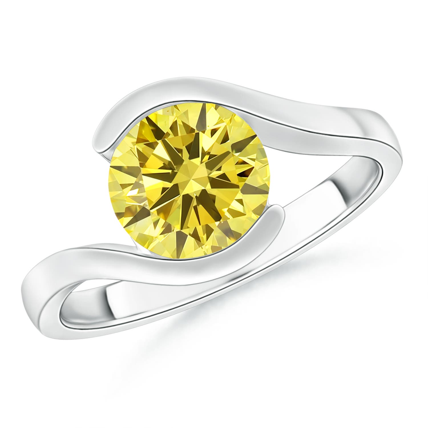 8.1mm Labgrown Semi Bezel-Set Solitaire Round Lab-Grown Fancy Intense Yellow Diamond Bypass Ring in 18K White Gold