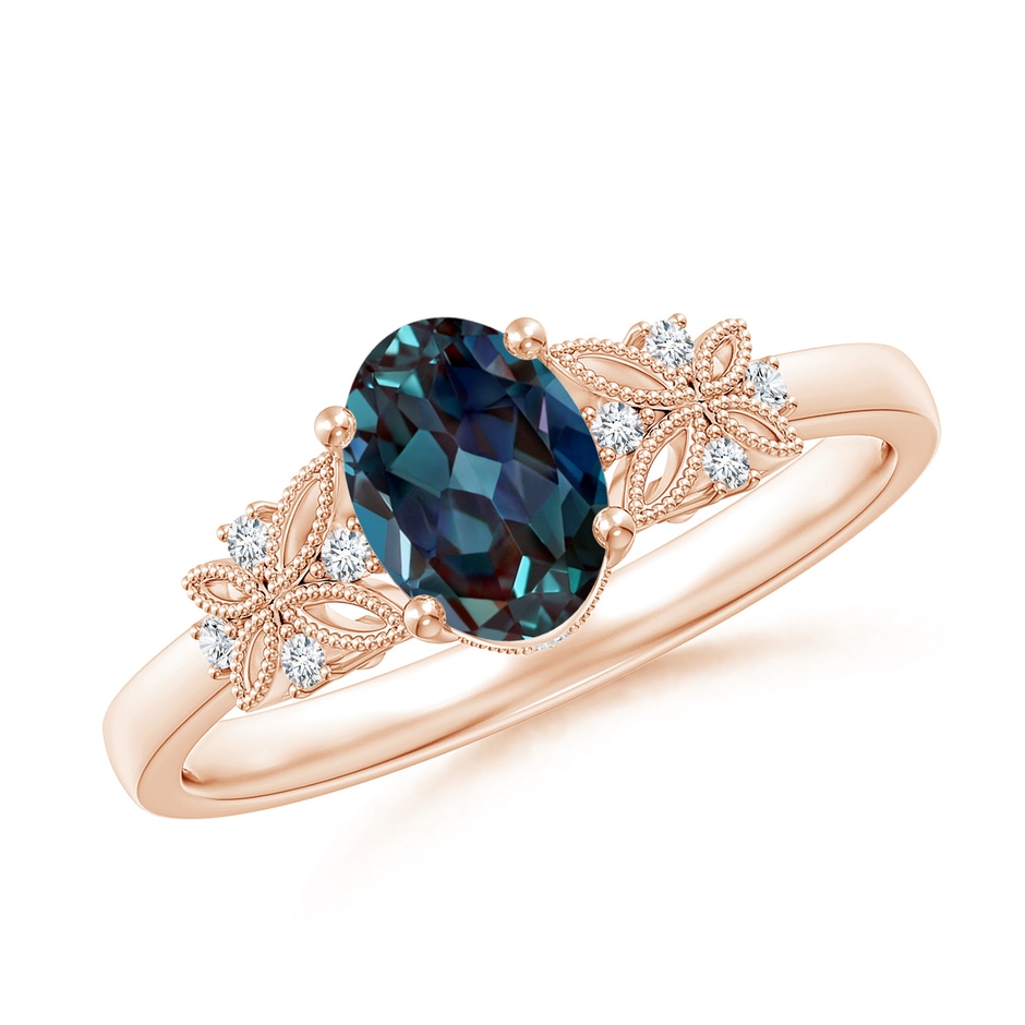 7x5mm Labgrown Vintage Style Oval Lab-Grown Alexandrite Ring with Diamonds in 18K Rose Gold 