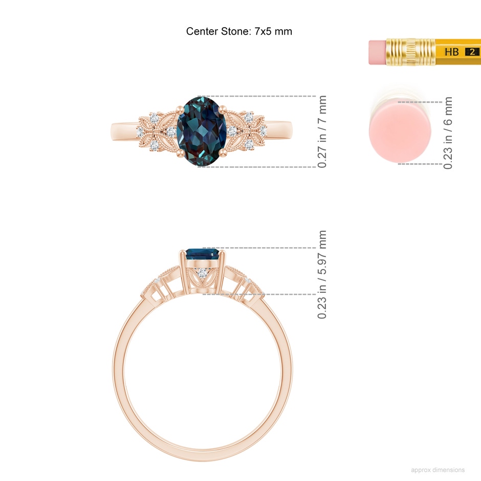 7x5mm Labgrown Vintage Style Oval Lab-Grown Alexandrite Ring with Diamonds in 18K Rose Gold ruler