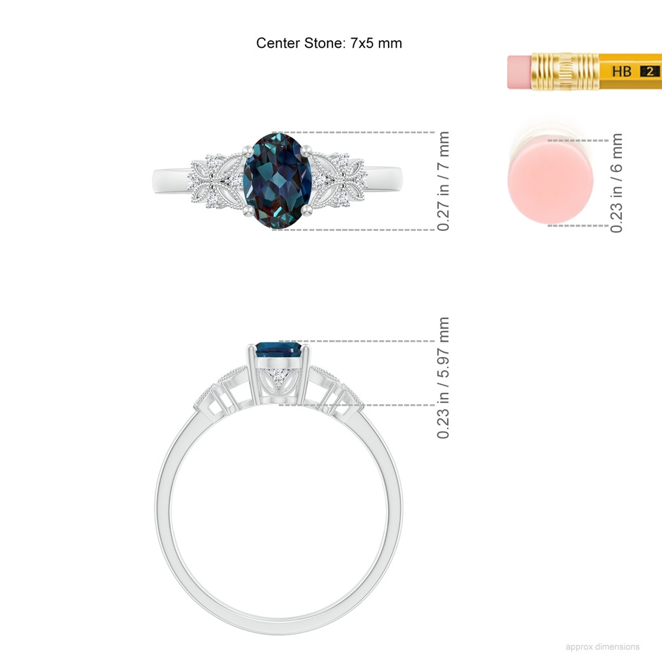 7x5mm Labgrown Vintage Style Oval Lab-Grown Alexandrite Ring with Diamonds in P950 Platinum ruler