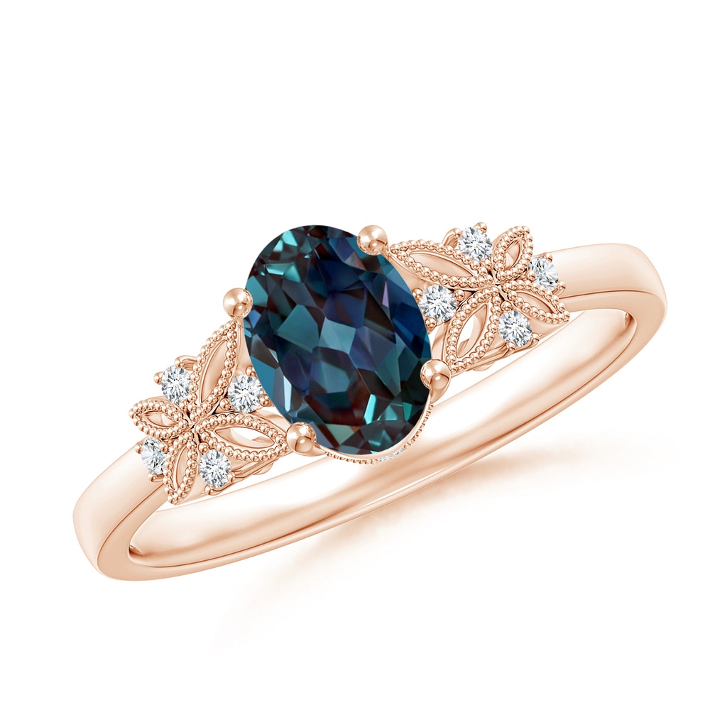 7x5mm Labgrown Vintage Style Oval Lab-Grown Alexandrite Ring with Diamonds in Rose Gold