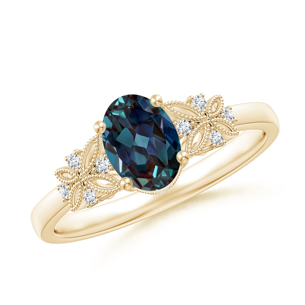 7x5mm Labgrown Vintage Style Oval Lab-Grown Alexandrite Ring with Diamonds in Yellow Gold