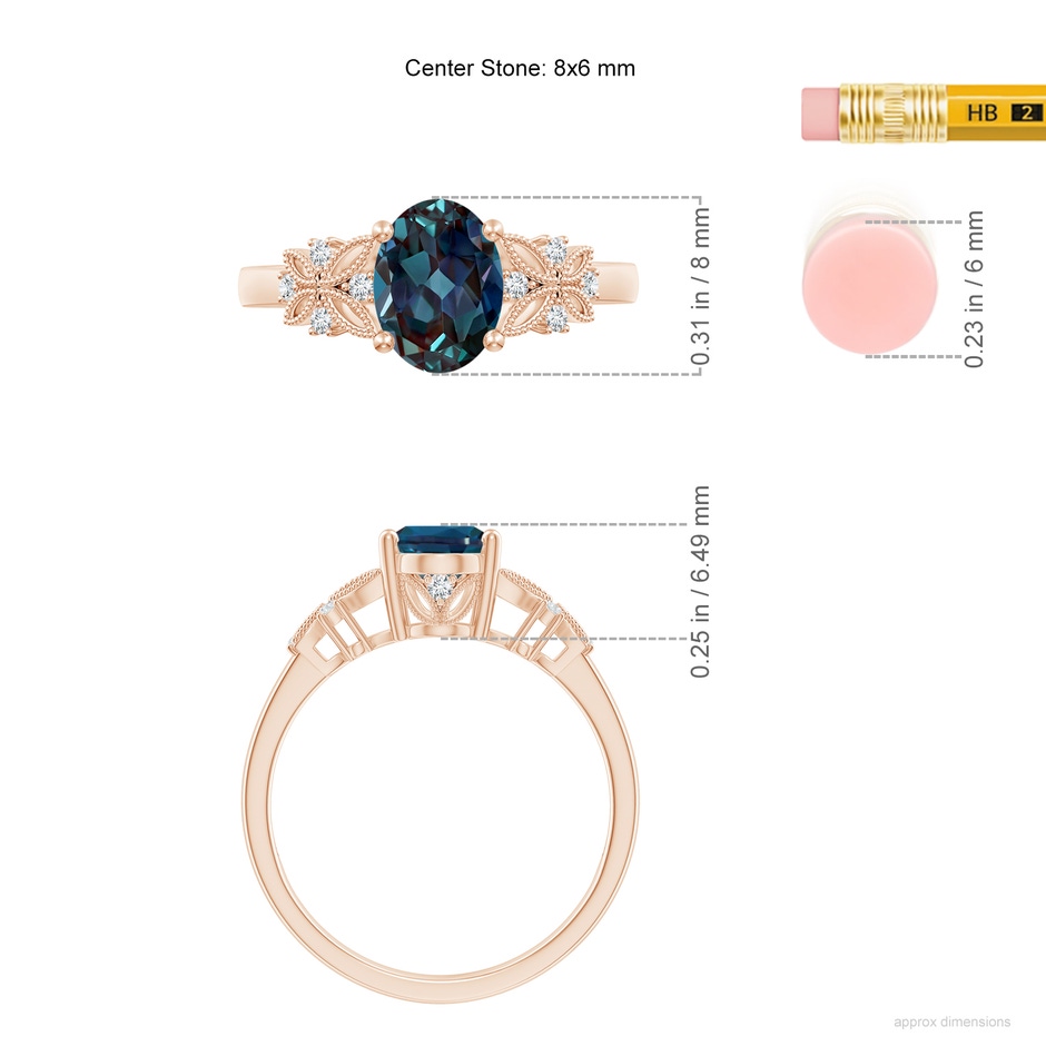 8x6mm Labgrown Vintage Style Oval Lab-Grown Alexandrite Ring with Diamonds in Rose Gold ruler