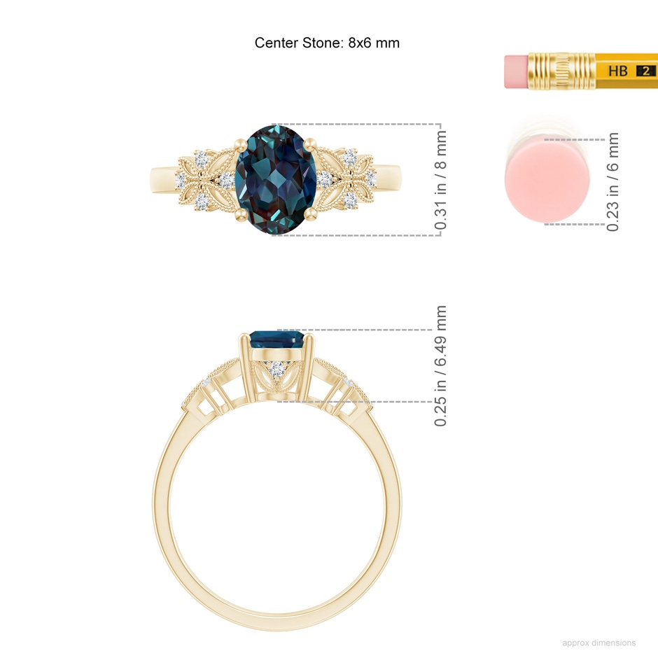8x6mm Labgrown Vintage Style Oval Lab-Grown Alexandrite Ring with Diamonds in Yellow Gold ruler