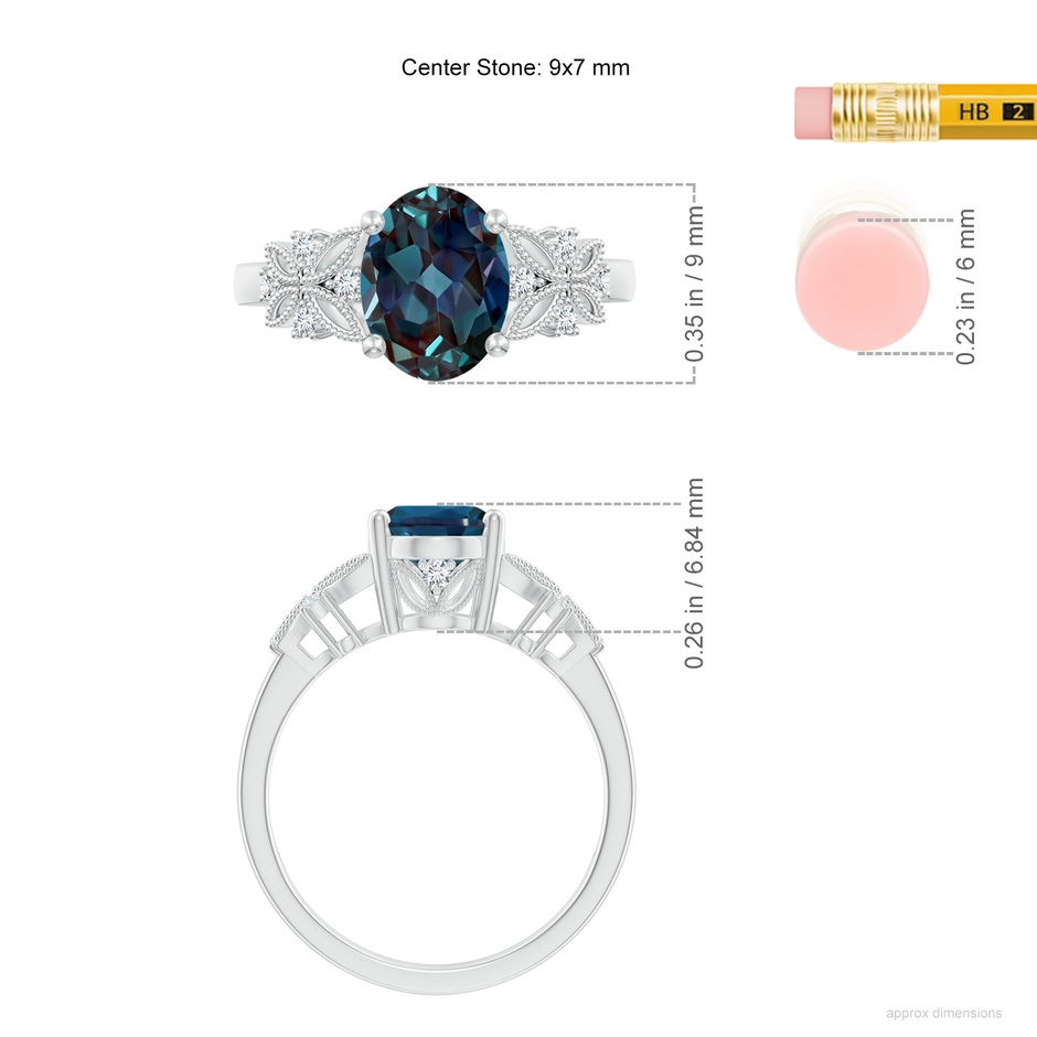 9x7mm Labgrown Vintage Style Oval Lab-Grown Alexandrite Ring with Diamonds in 18K White Gold ruler