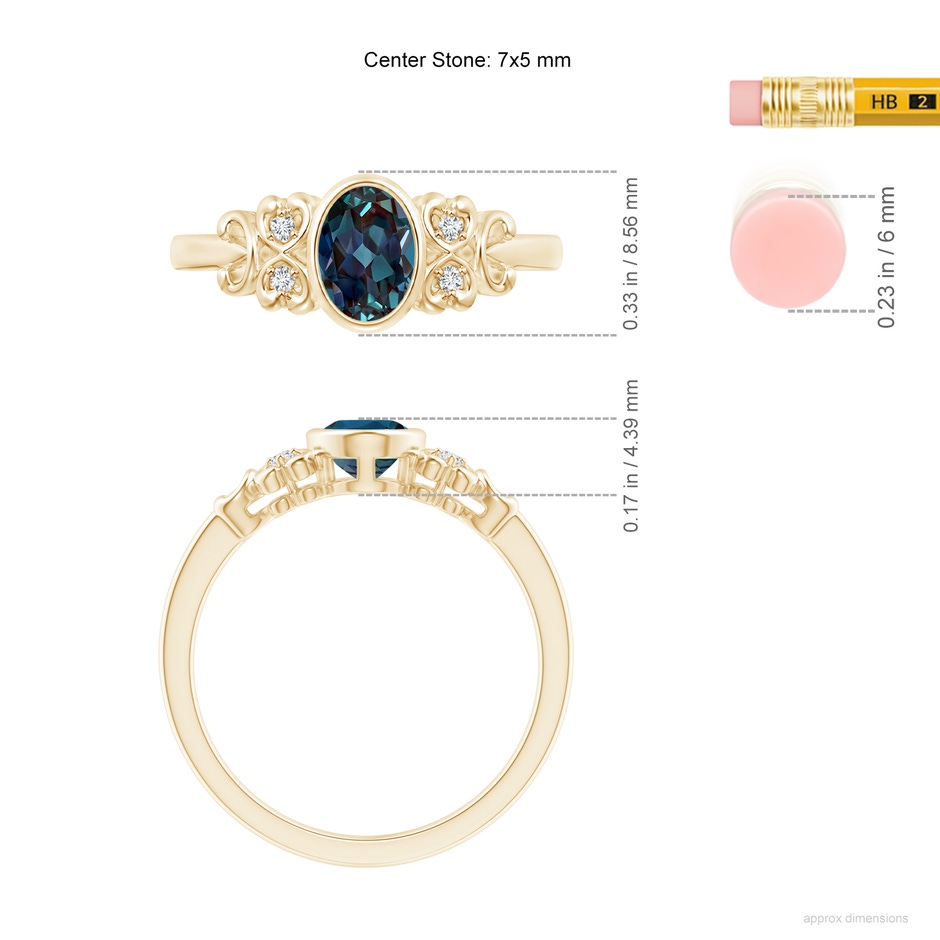 7x5mm Labgrown Vintage Style Bezel-Set Oval Lab-Grown Alexandrite Ring with Diamonds in 18K Yellow Gold ruler