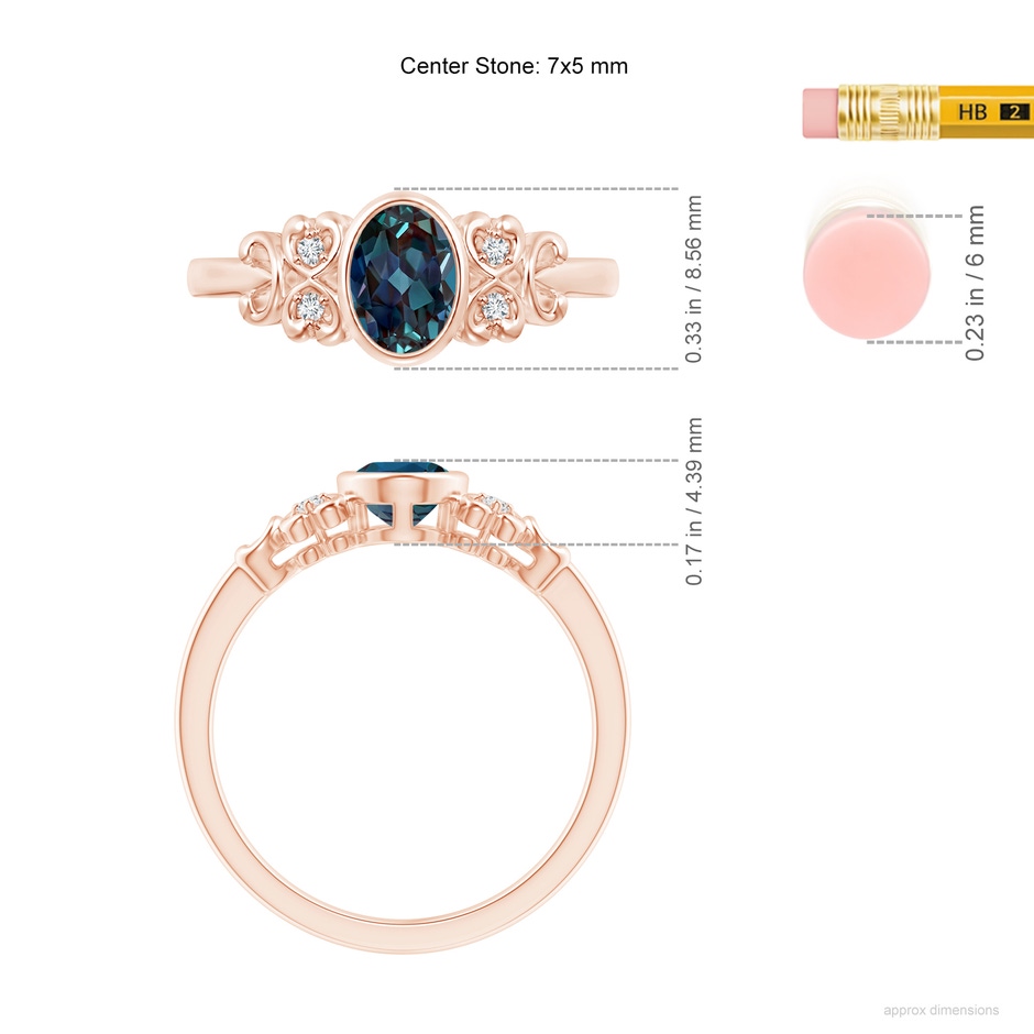 7x5mm Labgrown Vintage Style Bezel-Set Oval Lab-Grown Alexandrite Ring with Diamonds in Rose Gold ruler
